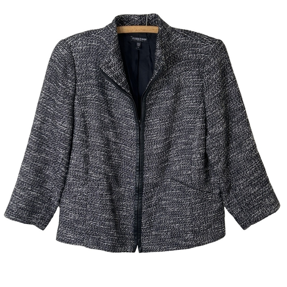 EILEEN FISHER Black White Tweed Zippered Leather Trim Jacket Size Petite Large